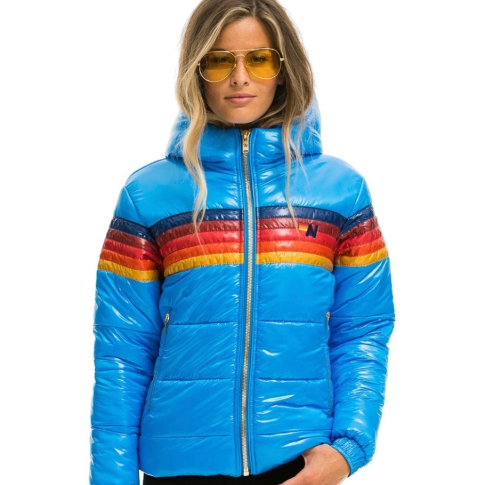Aviator Nation 5 Stripe Luxe Trekker Jacket in Glossy Blue